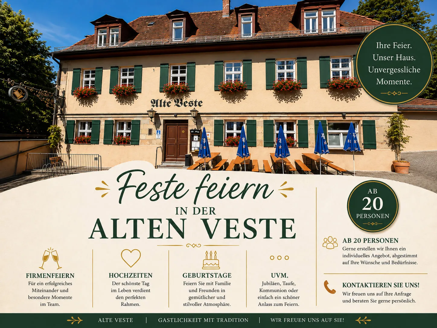 Plakat "Feste feiern in der Alten Veste" – Firmenfeiern, Hochzeiten, Geburtstage und mehr, ab 20 Personen