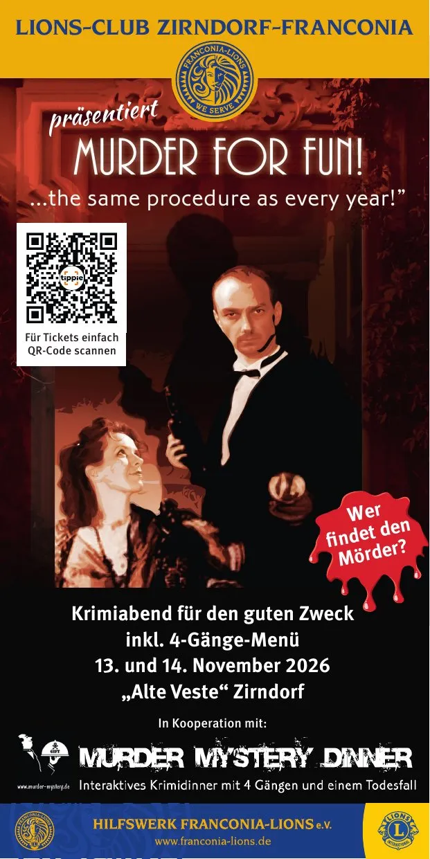Flyer "Murder for Fun!", Krimiabend für den guten Zweck des Lions-Club Zirndorf-Franconia am 13. und 14. November 2026 in der Alten Veste Zirndorf
