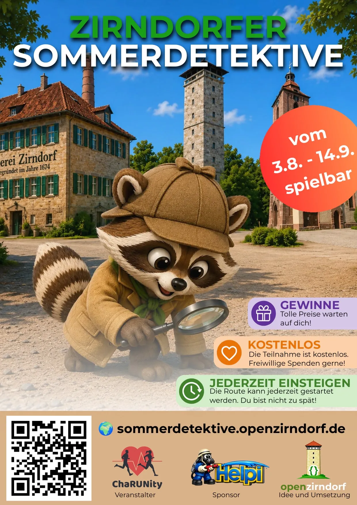 Plakat "Zirndorfer Sommerdetektive" – Detektiv-Waschbär mit Lupe vor der Alten Veste, spielbar vom 3.8. bis 14.9.